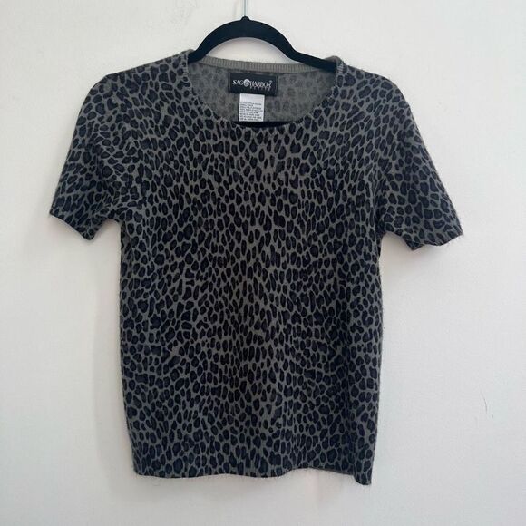 Sage Harbor Women's Petite Cheetah Print Short Sleeve Sweater Black/Grey Size PL - Picture 1 of 5